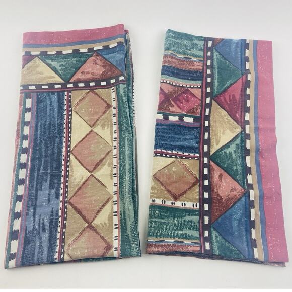 DAN RIVER 2 KING PILLOWCASES BLUE TAN TERRACOTTA KHAKI SOUTHWEST Geometric 80s 9 - Picture 3 of 12